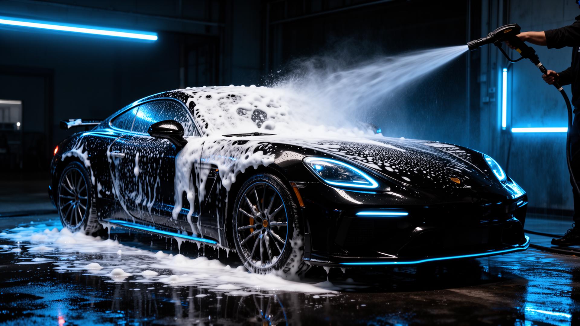 Luxury car covered in foam during professional detailing